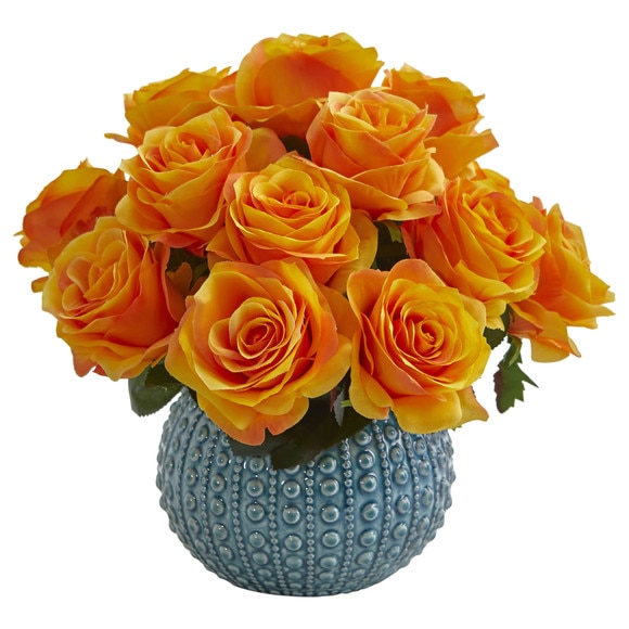 11.5 Rose Artificial Arrangement in Blue Ceramic Vase - SKU #1542-WH - 7